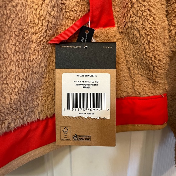 NWT The North Face Size Small Hooded Fleece. Color Tan w/ Red/Orange accents. - Picture 2 of 7